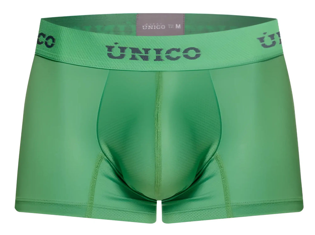 Green unico men’s boxer briefs with matching elastic waistband branded in dark gray unicologo color 43-green