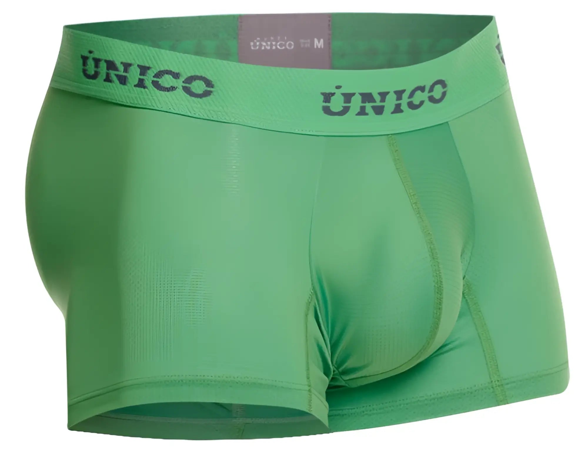 Green unico men’s boxer briefs with supportive contoured design and elastic waistband with brand name in dark gray lettering