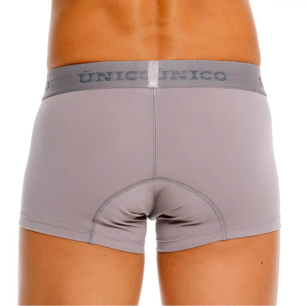 Gray unico ruano trunks briefs with matching elastic waistband featuring dark gray unico branding in color 59 gray