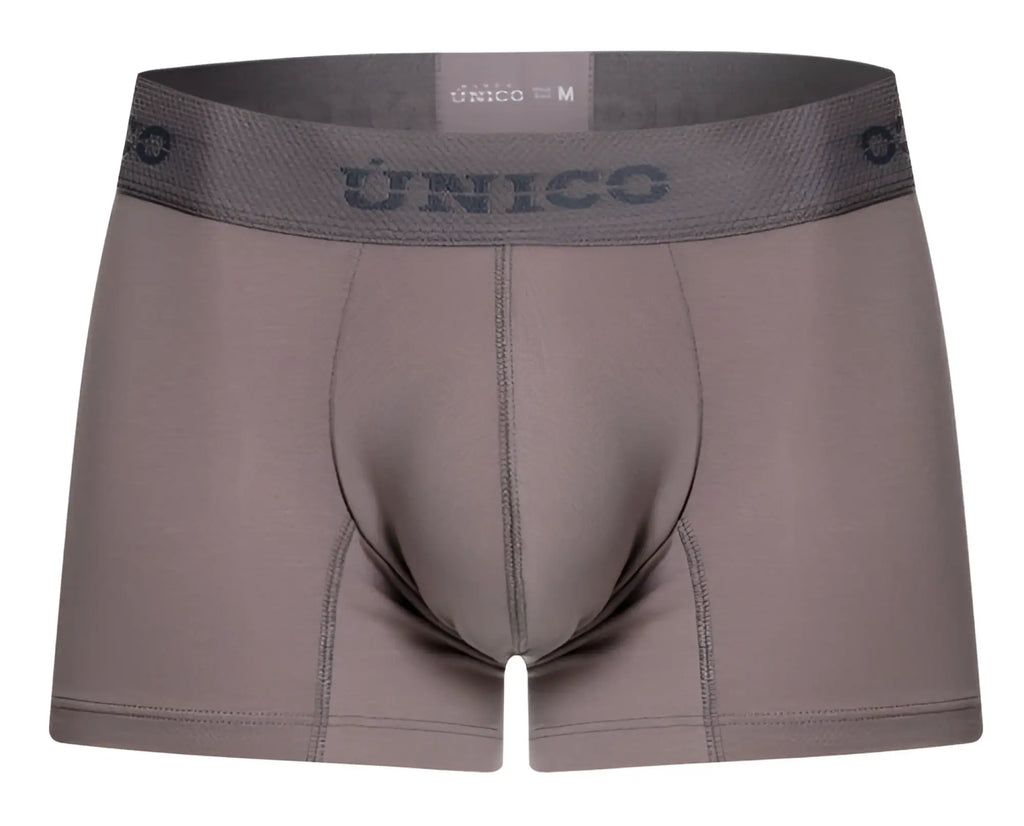 Gray unico men’s boxer briefs with matching elastic waistband branded unico size visible ruano trunks color 59-gray