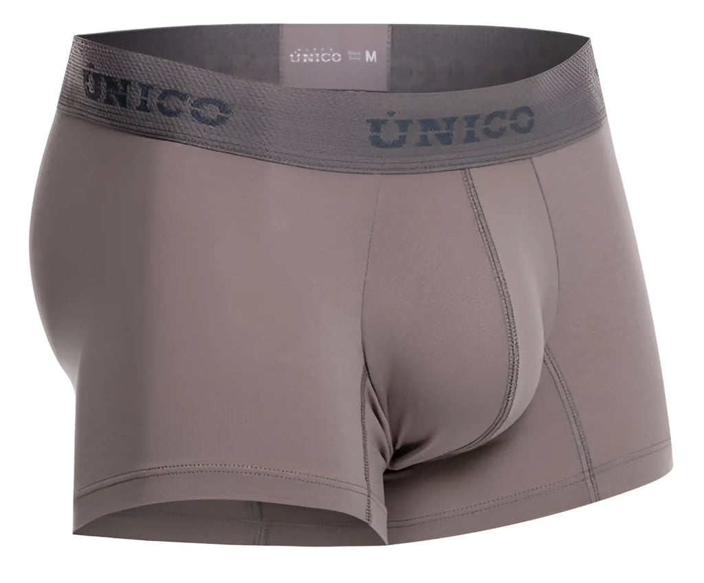 Gray unico men’s boxer briefs with matching elastic waistband featuring the brand logo in color 59-gray