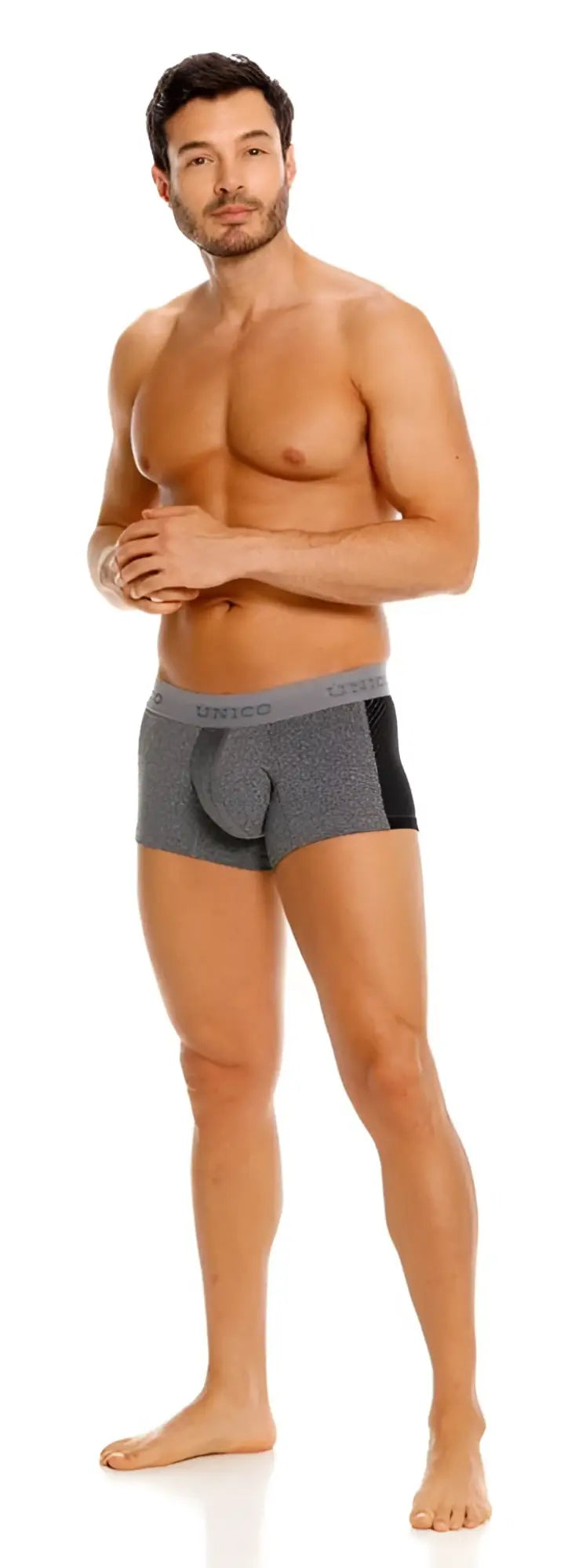 Gray and black unisex men’s briefs with textured fabric waistband featuring unico brand name color 59 gray