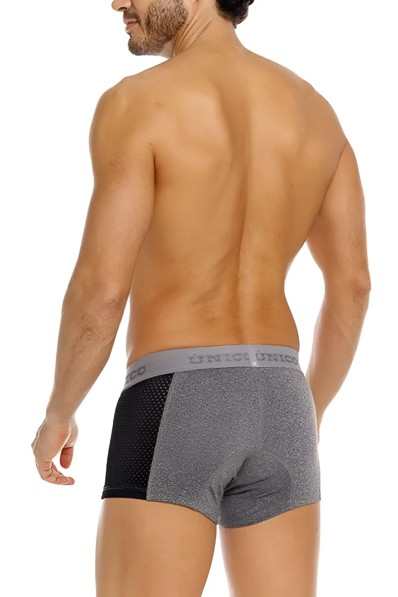 Unico 26020100121 Brio trunks gray boxer briefs with black mesh trim and branded elastic waistband