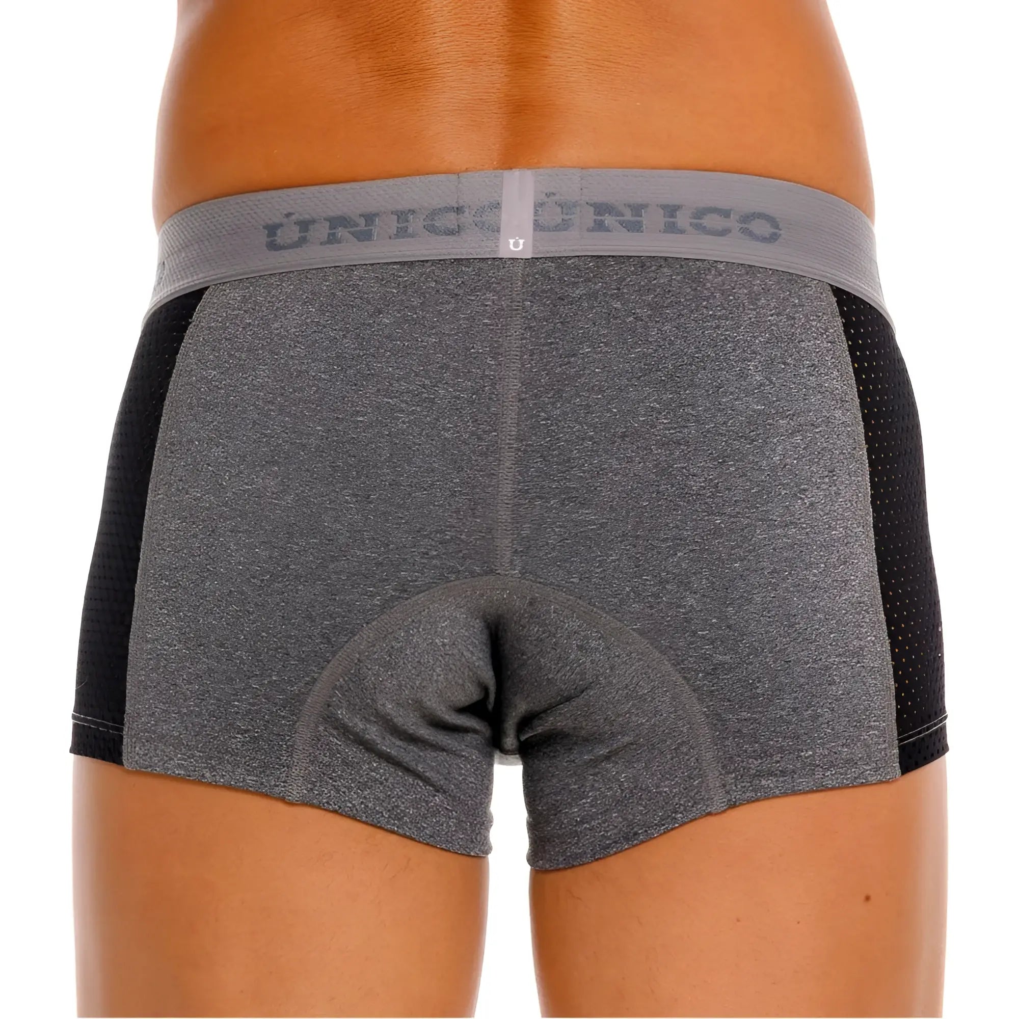 Gray and black unico 26020100121 brio trunks men’s cycling shorts with textured fabric perforated side panels and elastic waistband