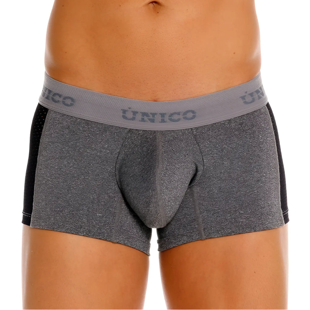 Gray heathered unico 26020100121 brio trunks with black side panels and matching elastic waistband logo