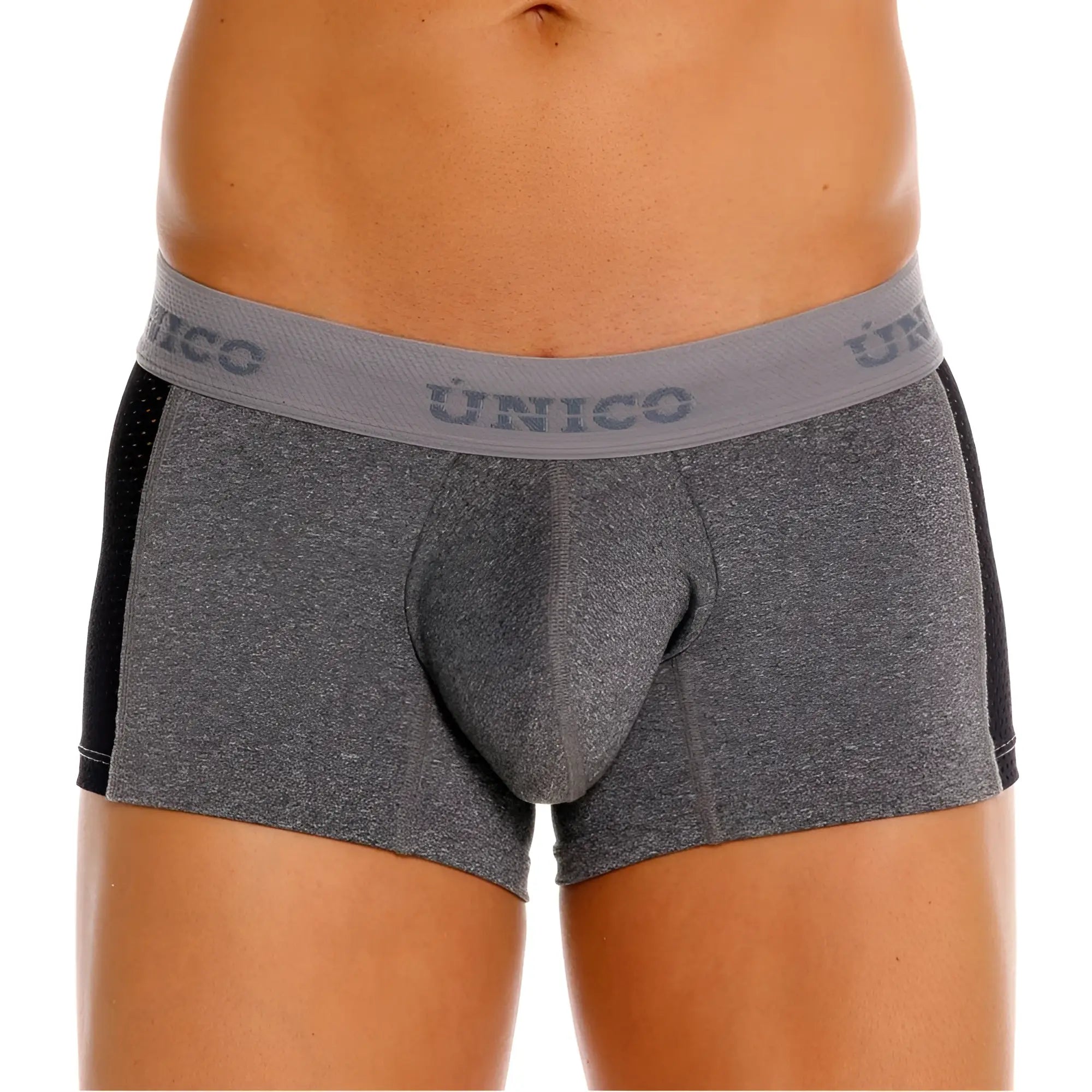 Gray heathered unico 26020100121 brio trunks with black side panels and matching elastic waistband logo