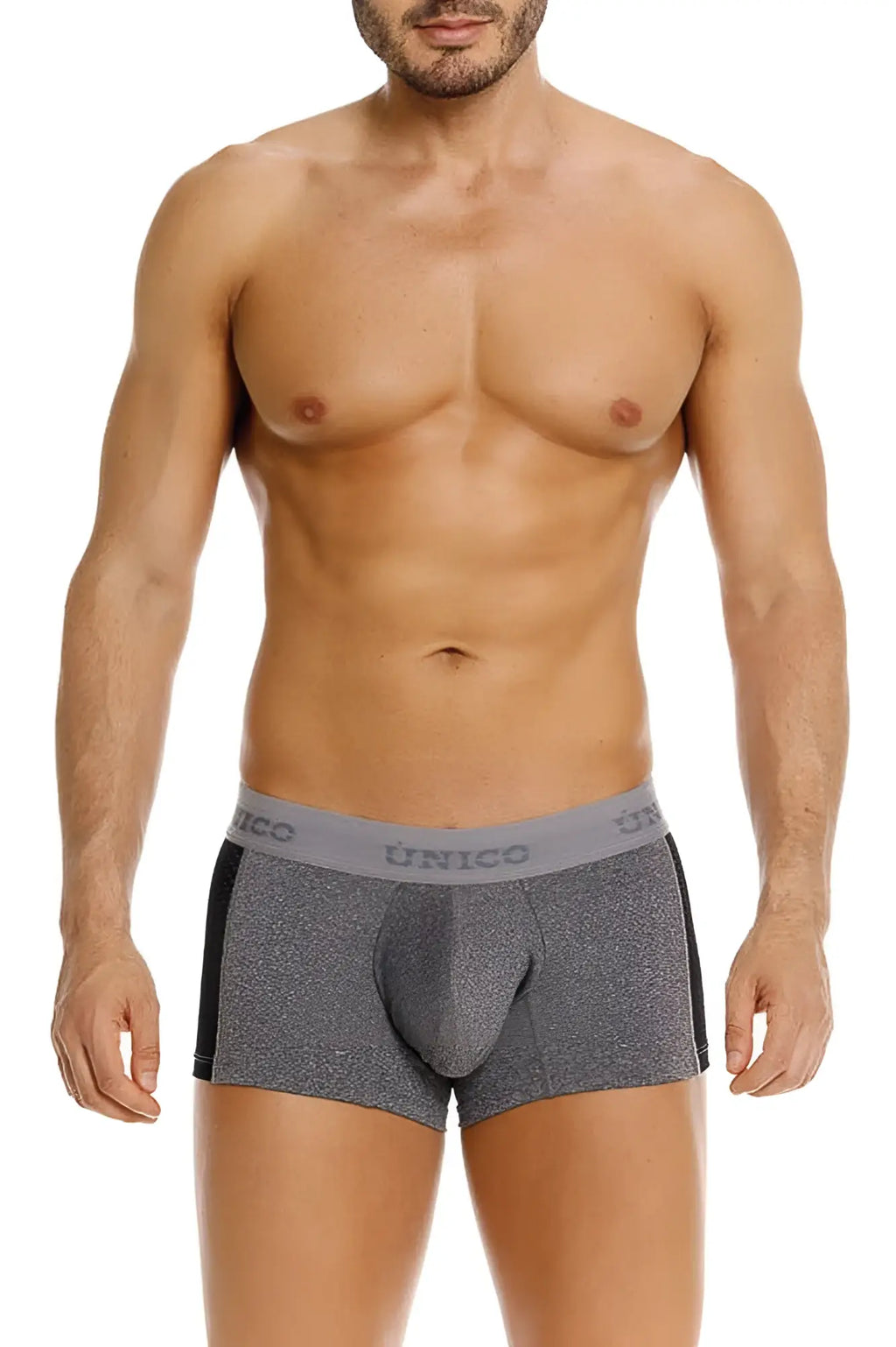 Gray heathered unico mens boxer briefs with black side panels and branded waistband in color 59-gray