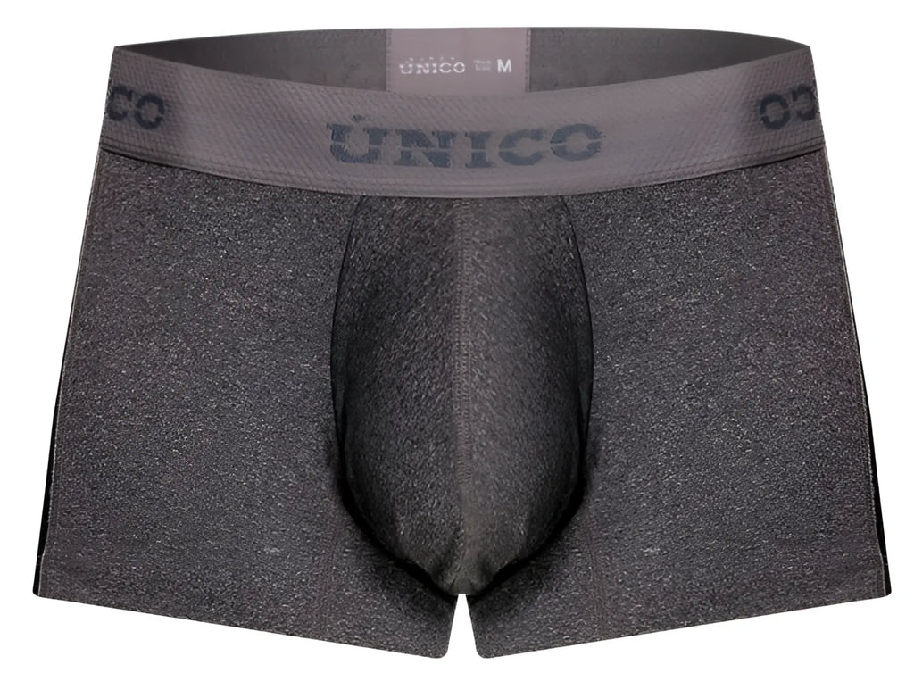 Gray heathered unico 26020100121 brio trunks with matching elastic waistband featuring unico branding