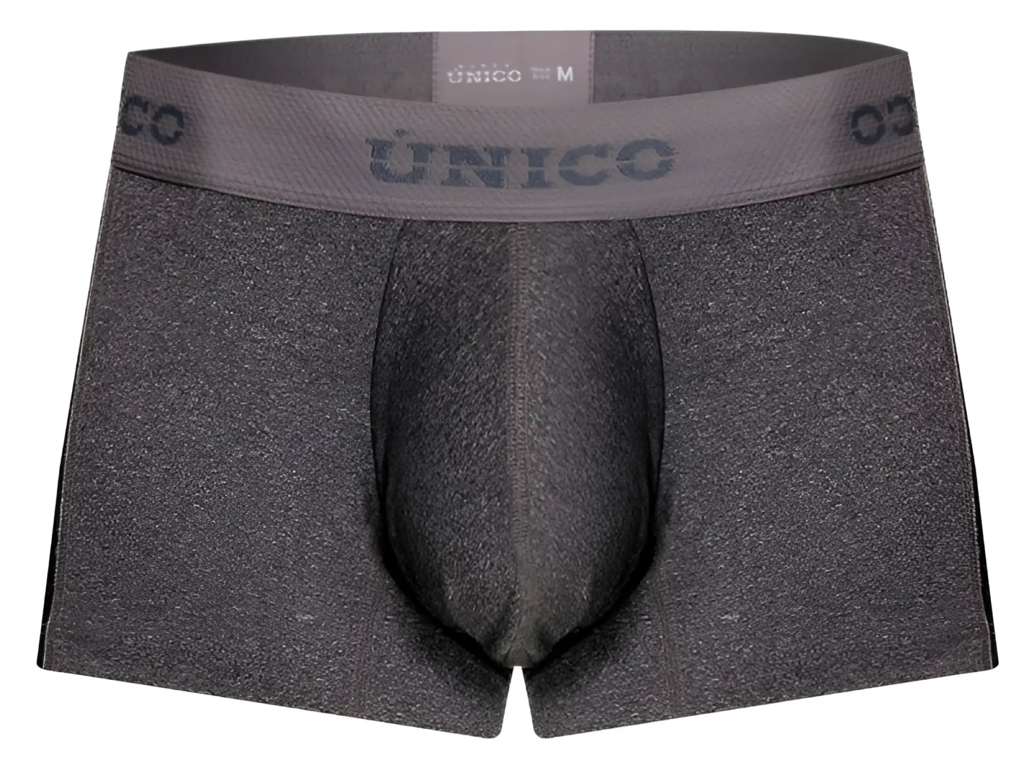 Gray heathered unico 26020100121 brio trunks with matching elastic waistband featuring unico branding
