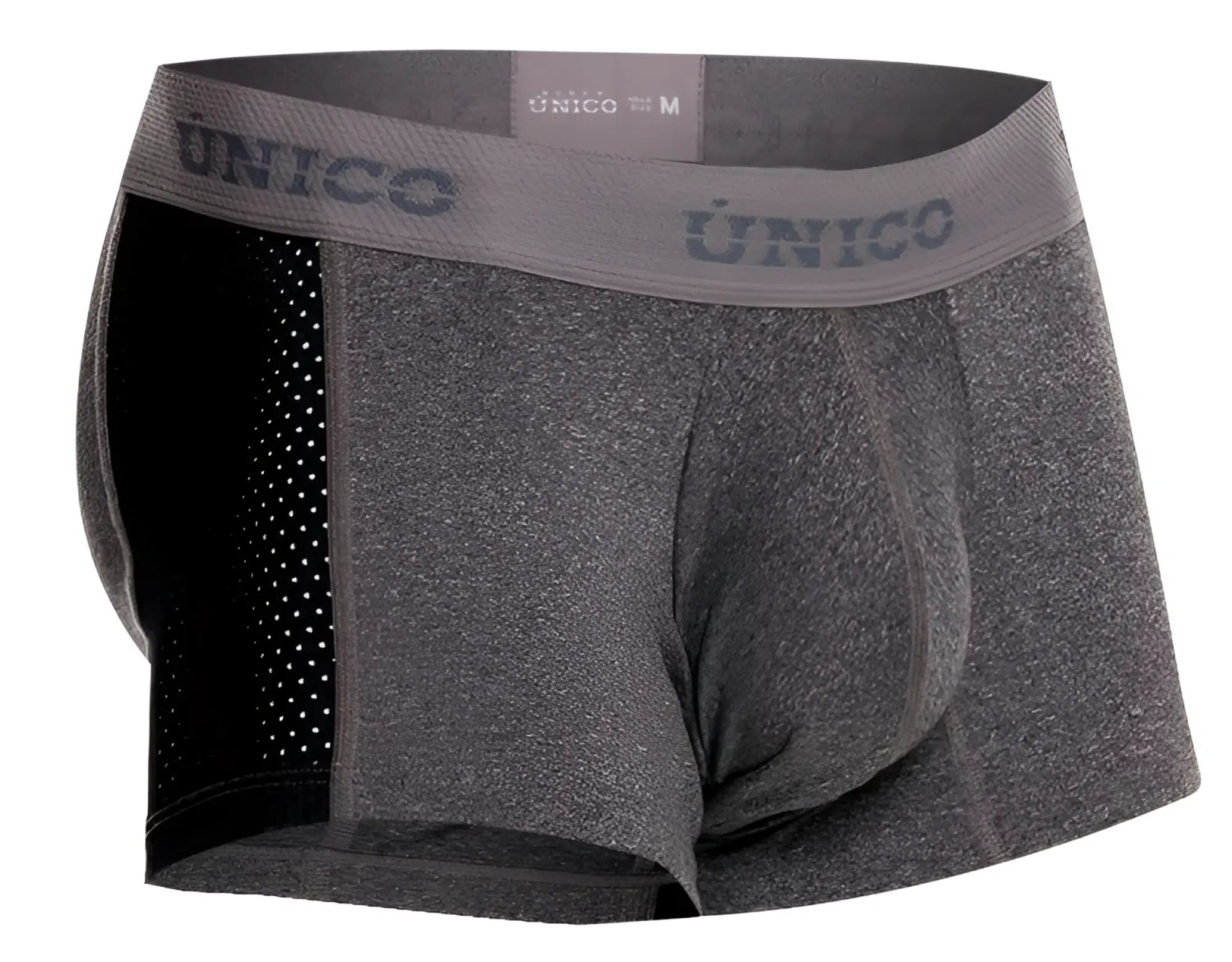 Gray textured men’s boxer briefs with black mesh side panel and unico branding on the waistband color 59-gray