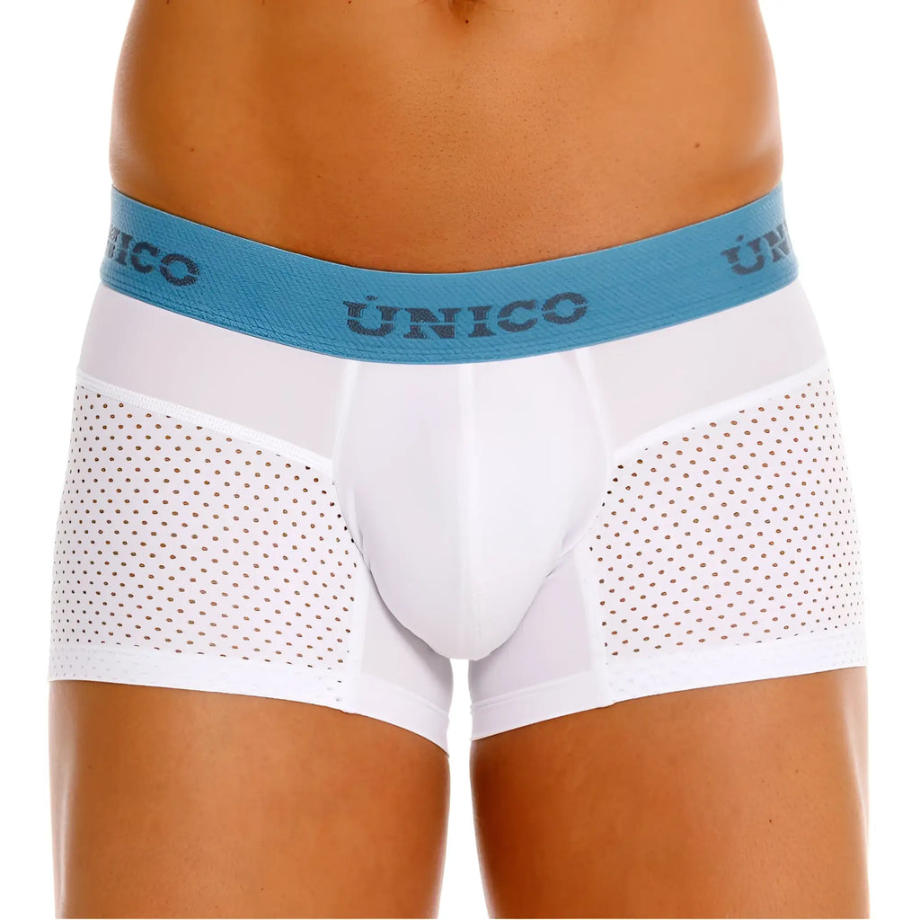 White unico 26020100122 sedoso boxer briefs with blue waistband and perforated side panels for breathable comfort
