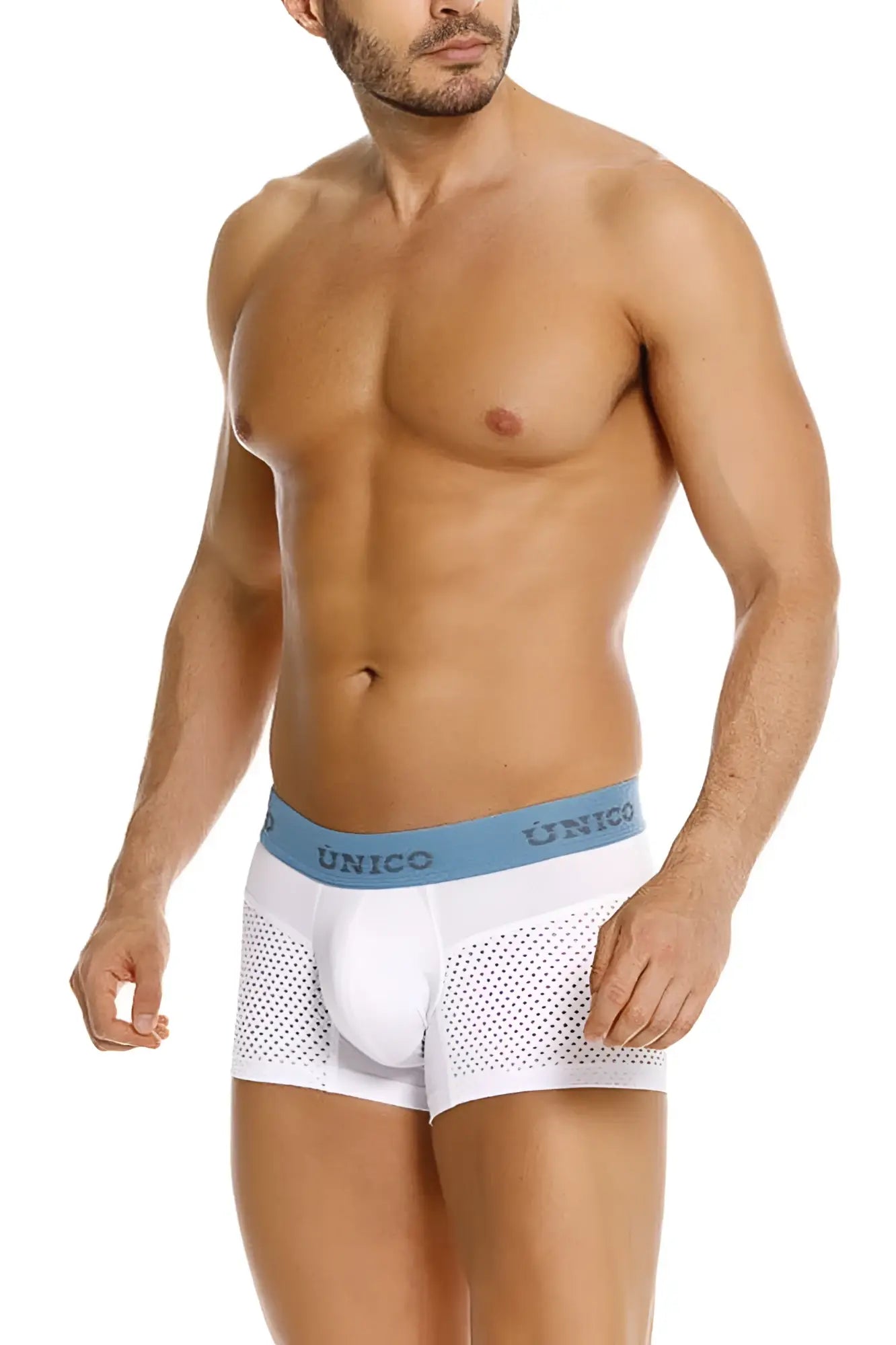 White unico 26020100122 sedoso boxer briefs with light blue waistband, dark blue branding, and perforated mesh sides