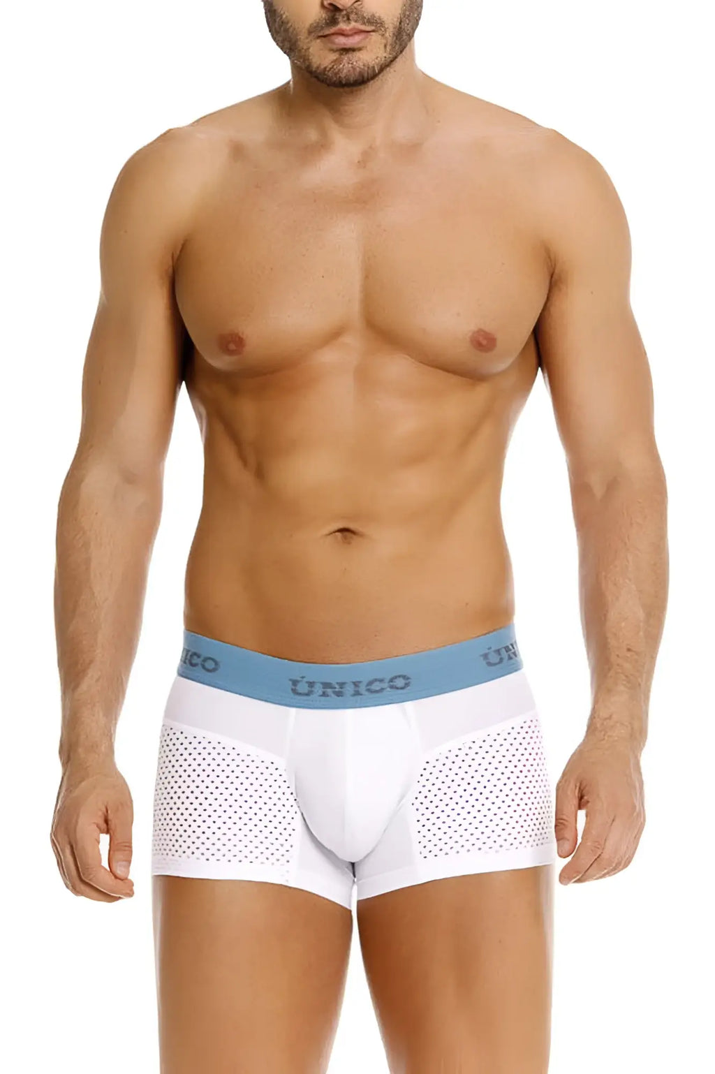 White unico 26020100122 sedoso boxer briefs with light blue branded waistband and perforated mesh side panels