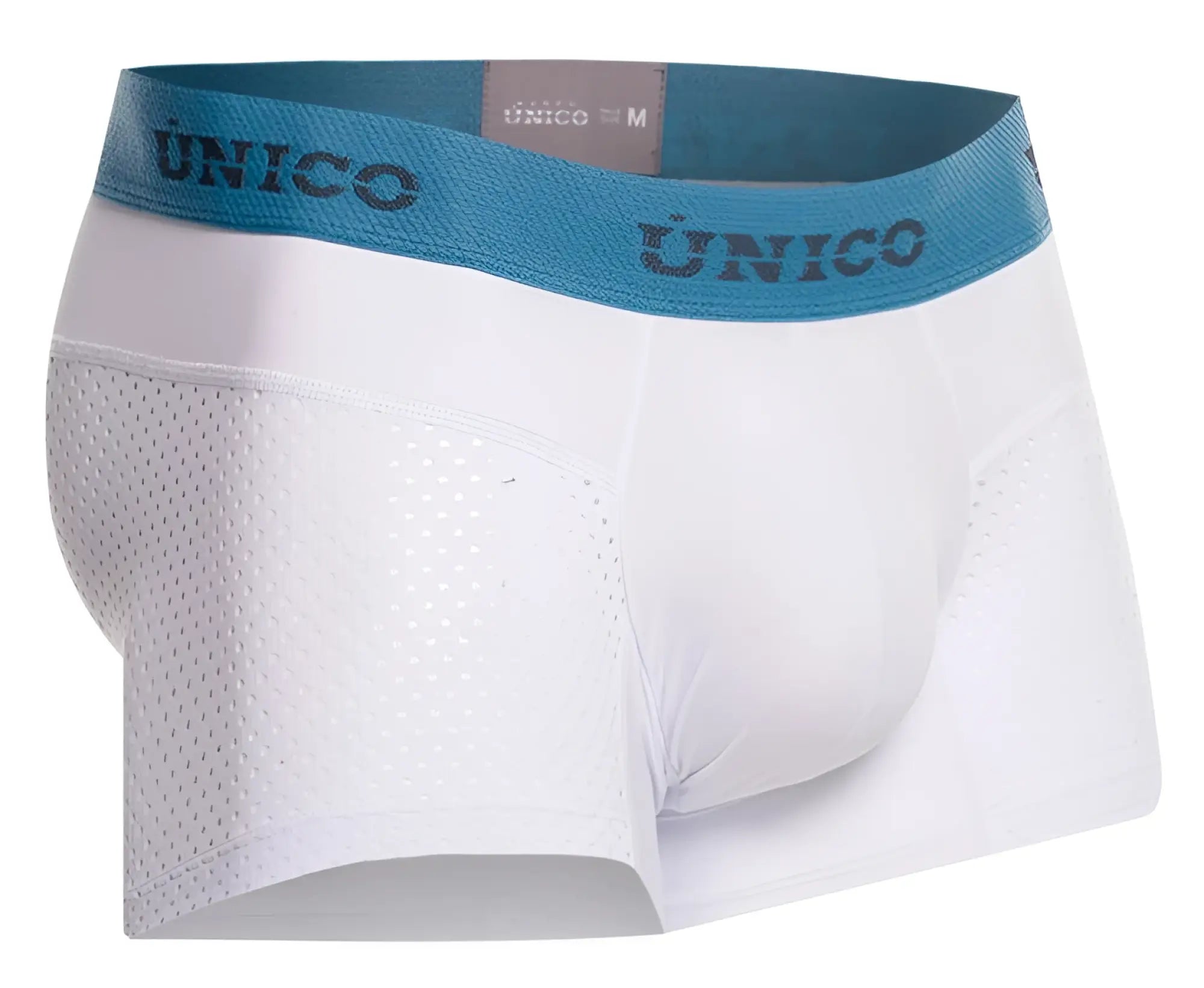 White unico men’s boxer briefs with blue branded waistband and perforated mesh side panels in sedoso fabric