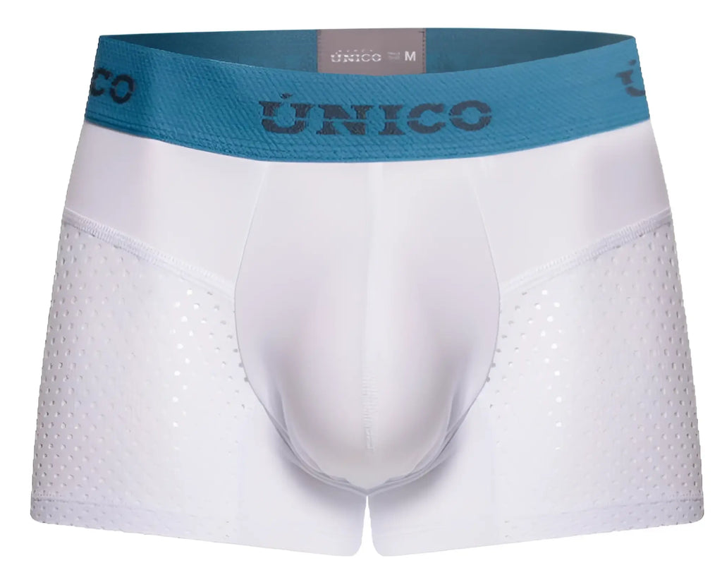 White unico men’s boxer briefs with teal waistband and perforated side panels from the sedoso trunks collection