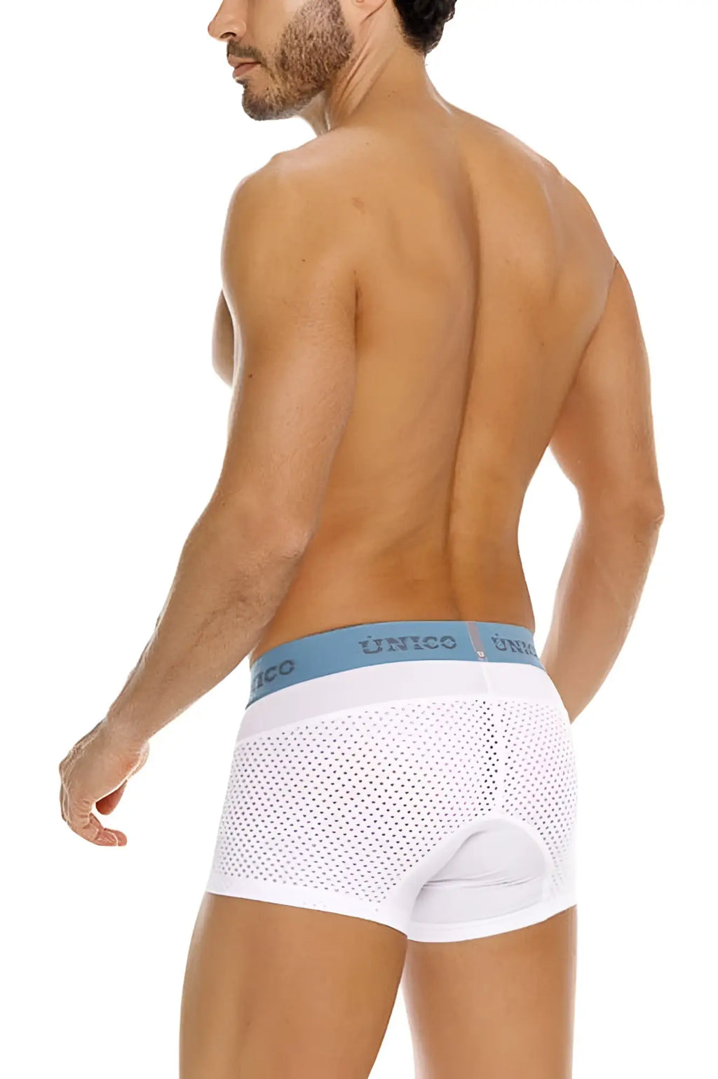 White mesh unico 26020100122 sedoso trunks with light blue elastic waistband and unico brand name in white color