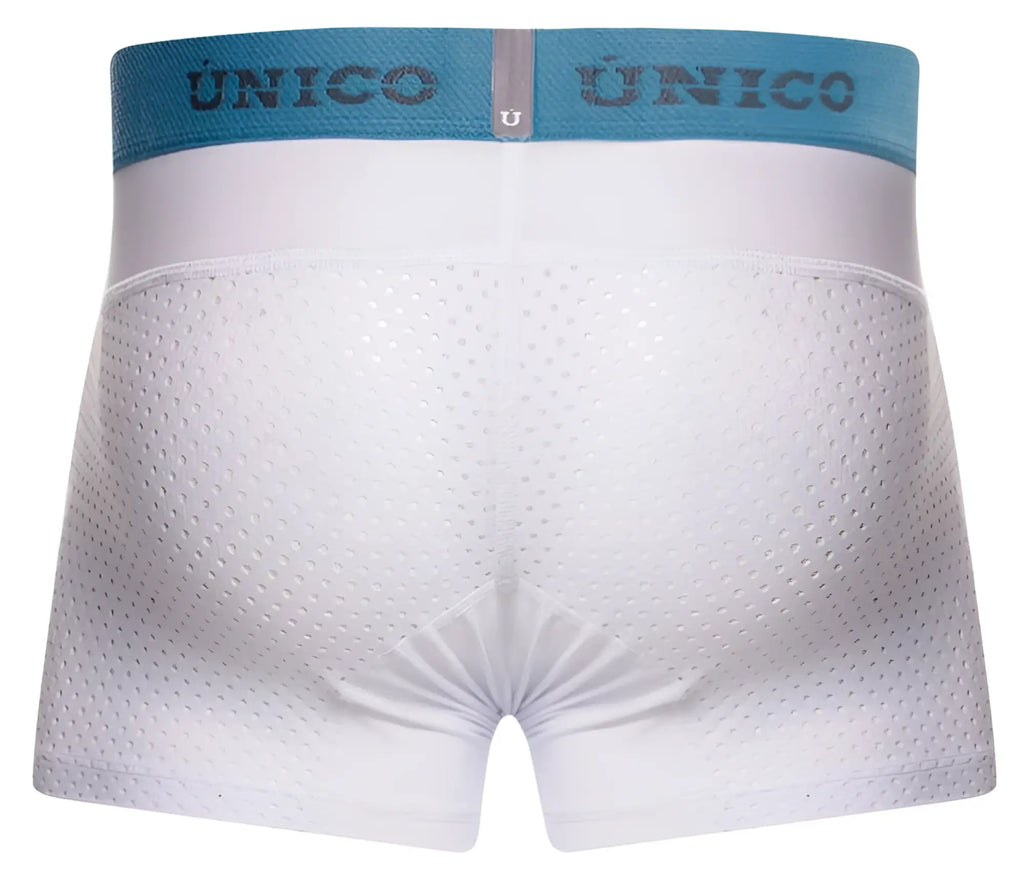 White perforated sedoso boxer briefs with light blue uníco branded elastic waistband color 00-white