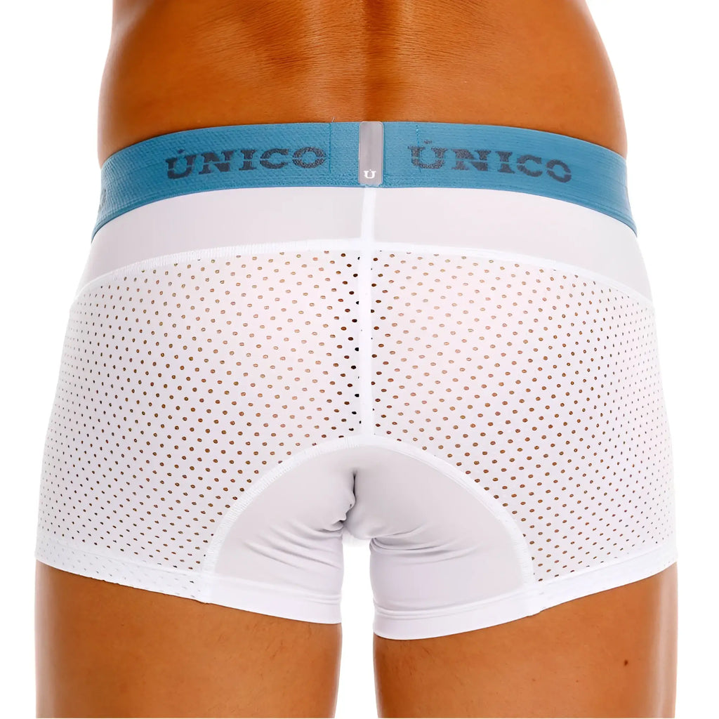 Unico 26020100122 sedoso white perforated briefs with light blue waistband featuring Unico brand name