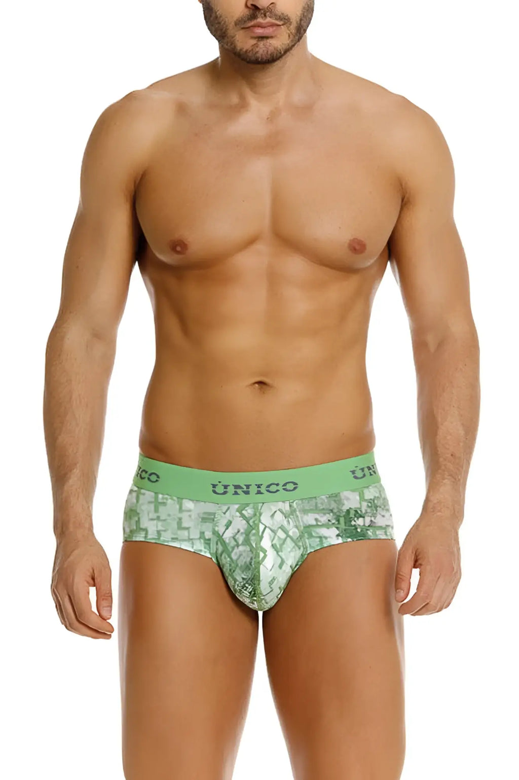 Green patterned unico piramide briefs with a solid green waistband featuring the unico brand name