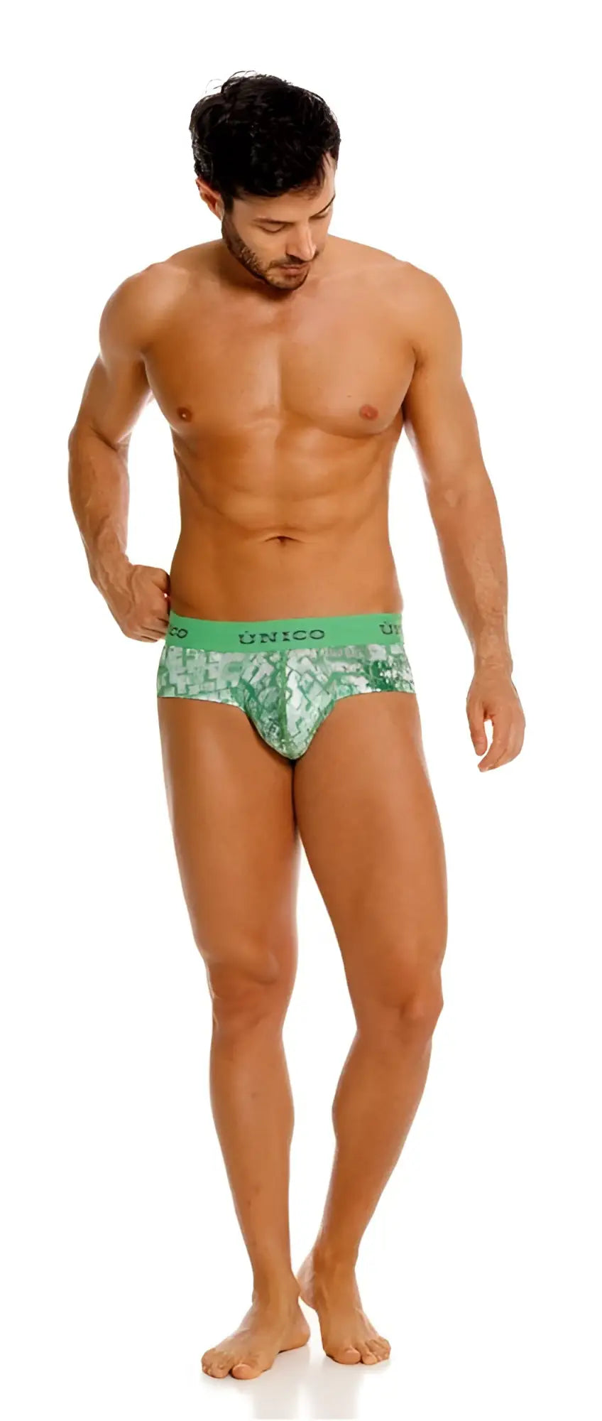 Green patterned unico 26020101102 piramide briefs with solid green waistband for comfortable everyday wear