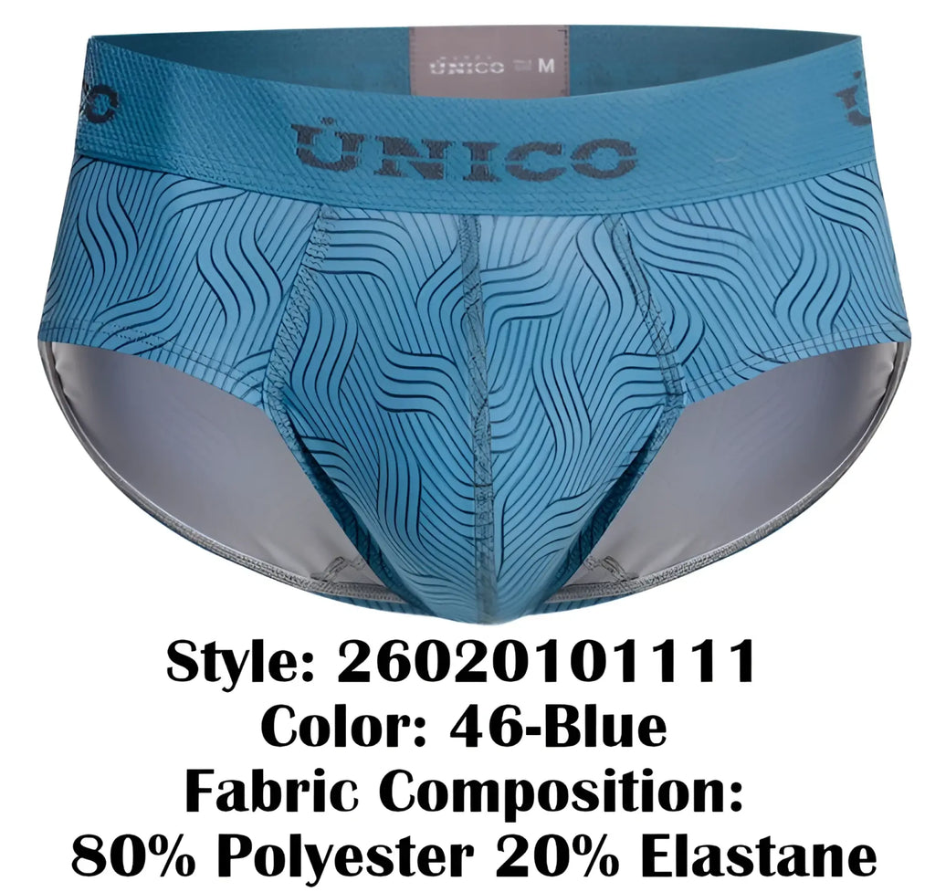 Blue unico 26020101111 lenoso briefs in blue with wavy pattern and gray interior lining men’s underwear