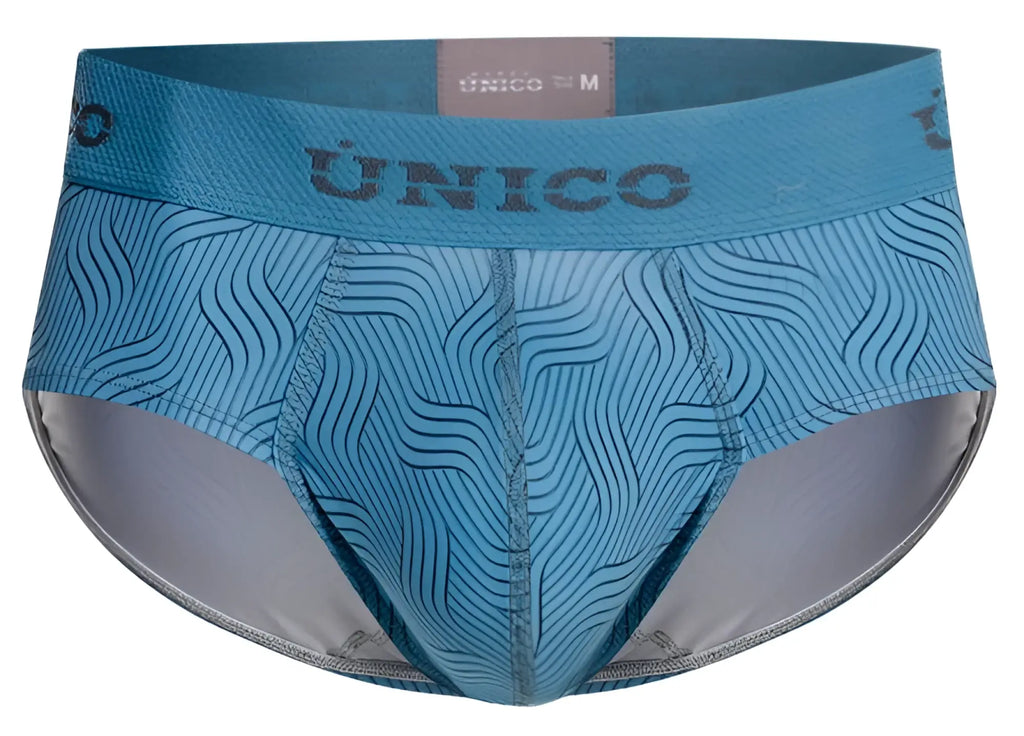 Blue patterned unico 26020101111 lenoso men’s briefs with wavy line design and gray interior lining