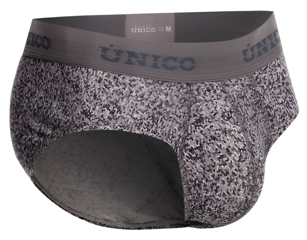 Gray and black speckled unico suede briefs with matching branded elastic waistband in color 59-Gray