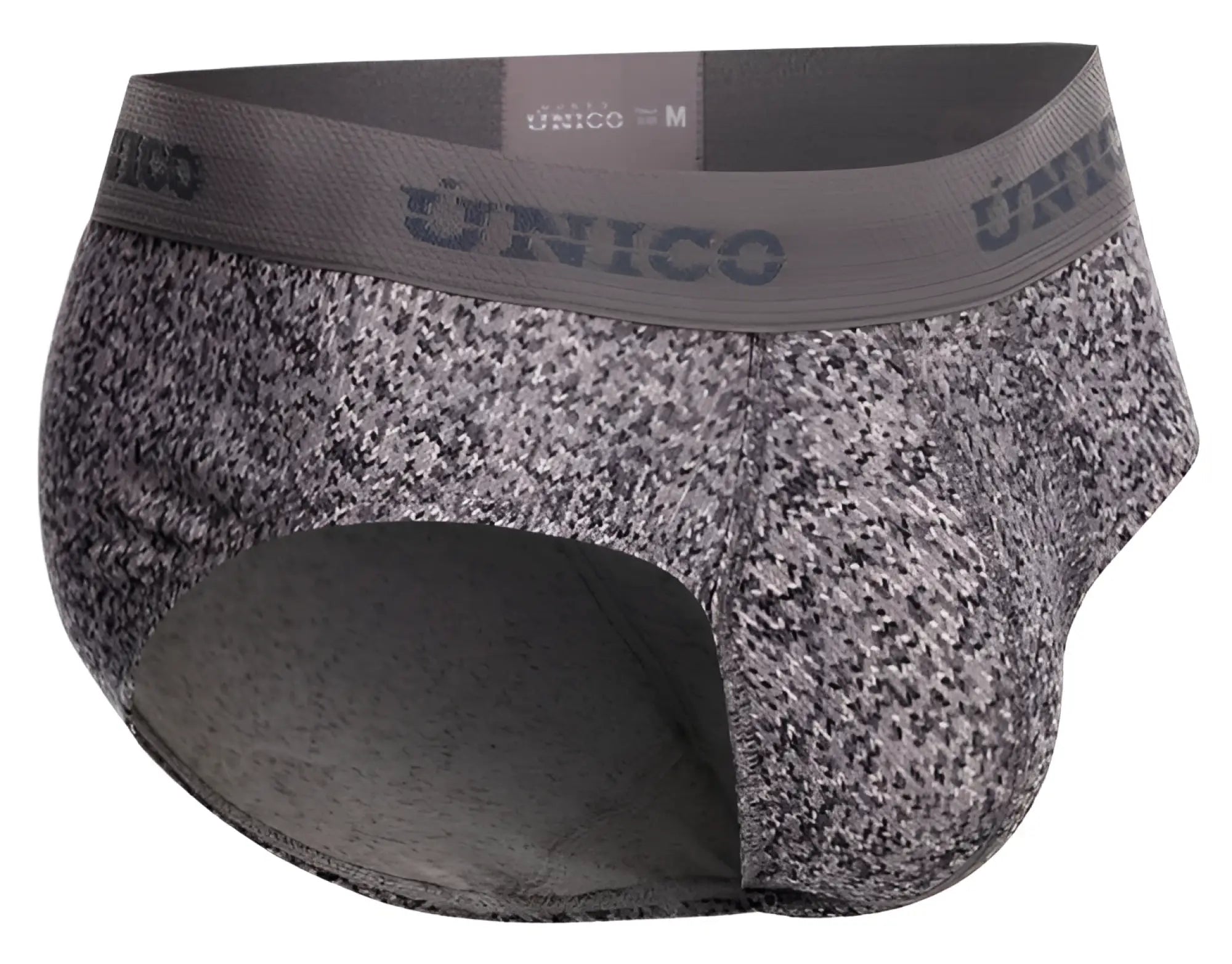 Gray and black speckled unico suede briefs with matching branded elastic waistband in color 59-Gray