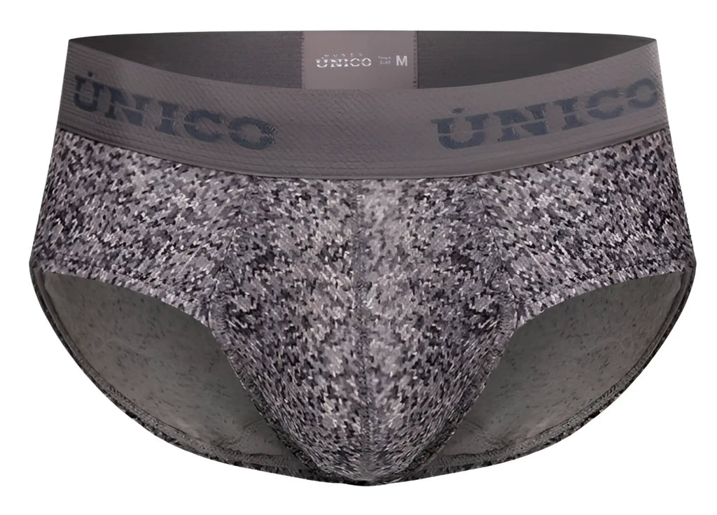 Gray and black speckled unico 26020101114 suede briefs with a solid gray waistband and unico branding