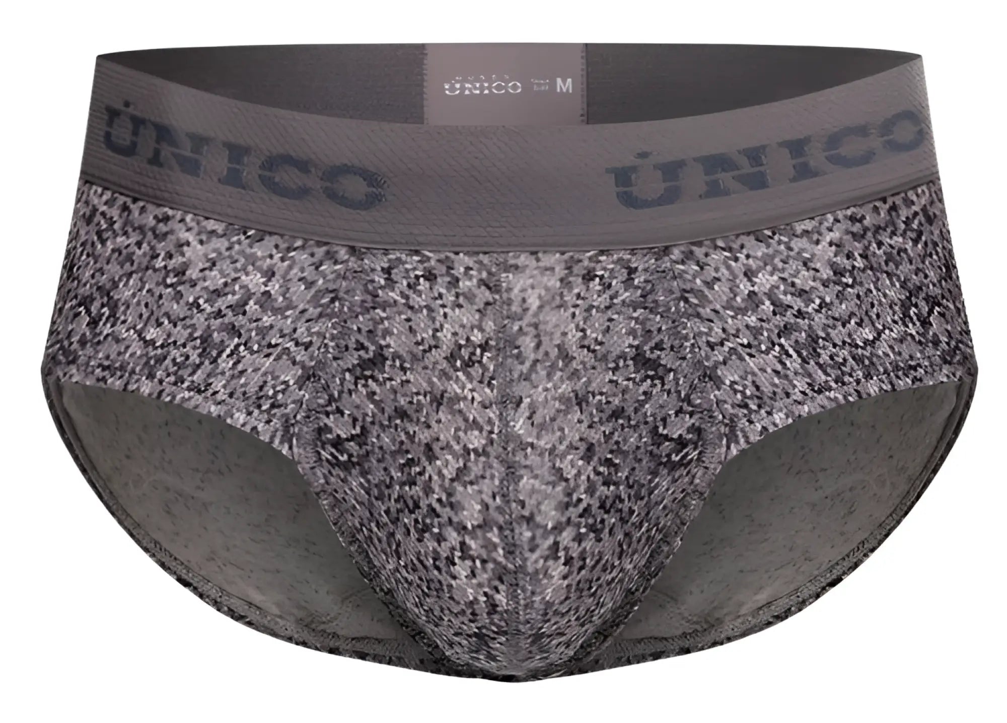Gray and black speckled unico 26020101114 suede briefs with a solid gray waistband and unico branding