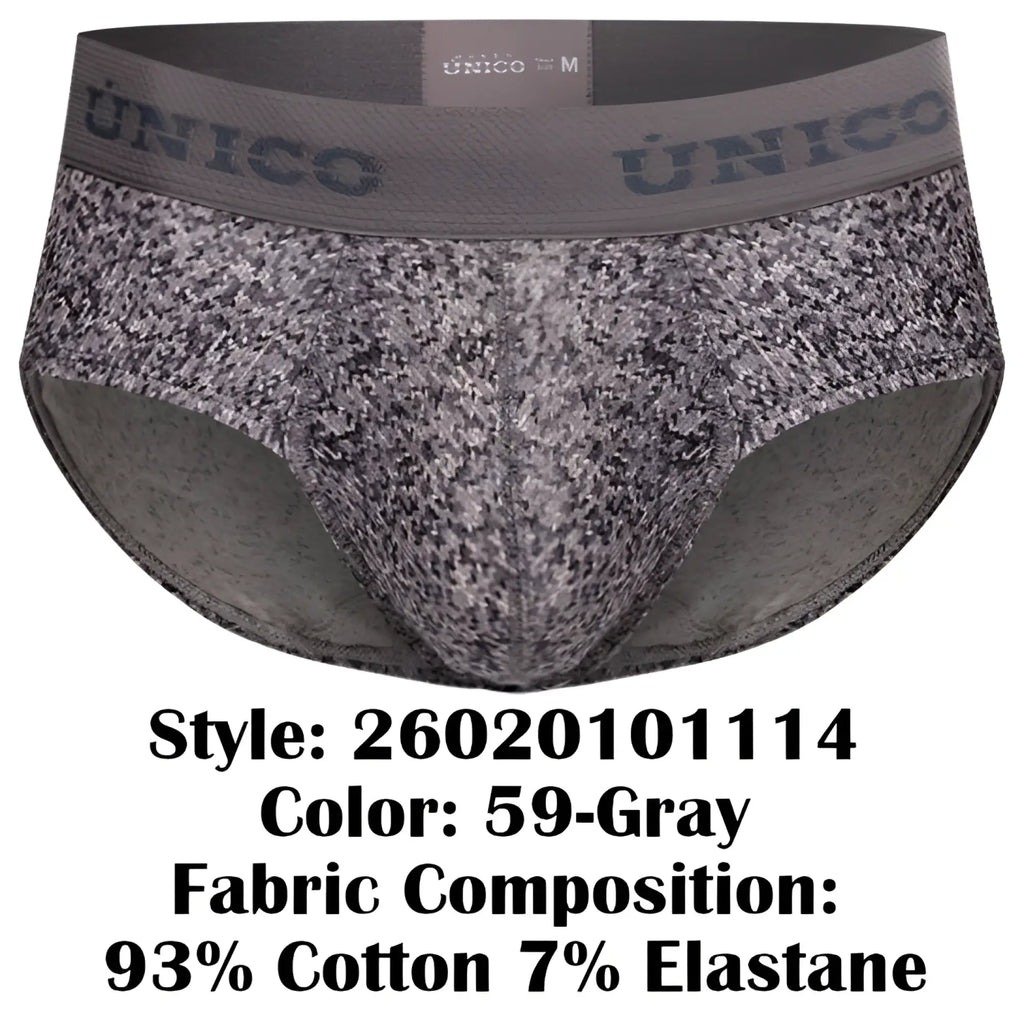Gray patterned unico suede briefs with textured fabric and elastic waistband for comfortable everyday wear