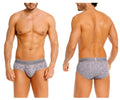 Gray suede briefs with a gray patterned design and unico logo on the solid waistband color 59-gray