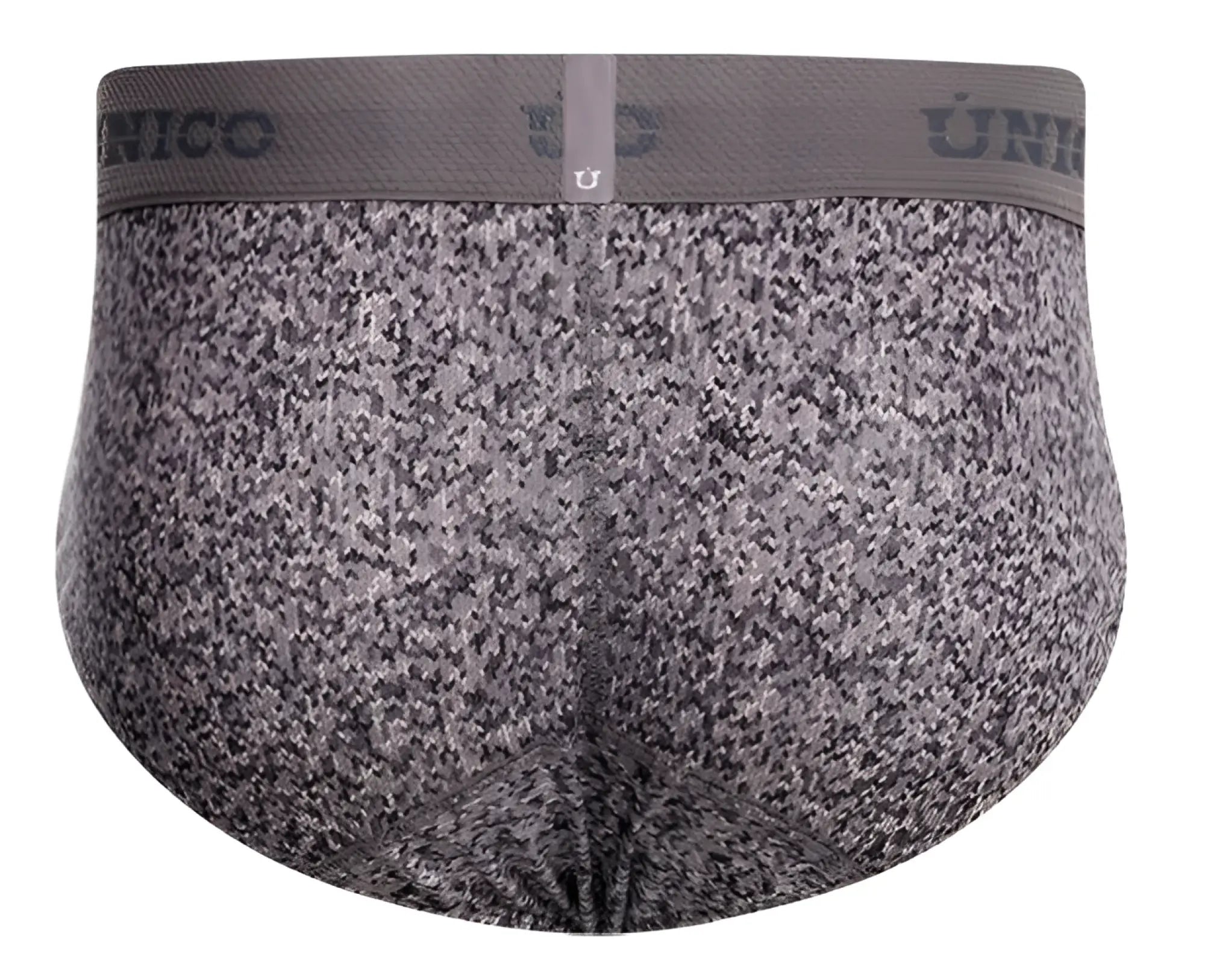 Gray suede men’s brief underwear with textured fabric and unico branded elastic waistband color 59-gray