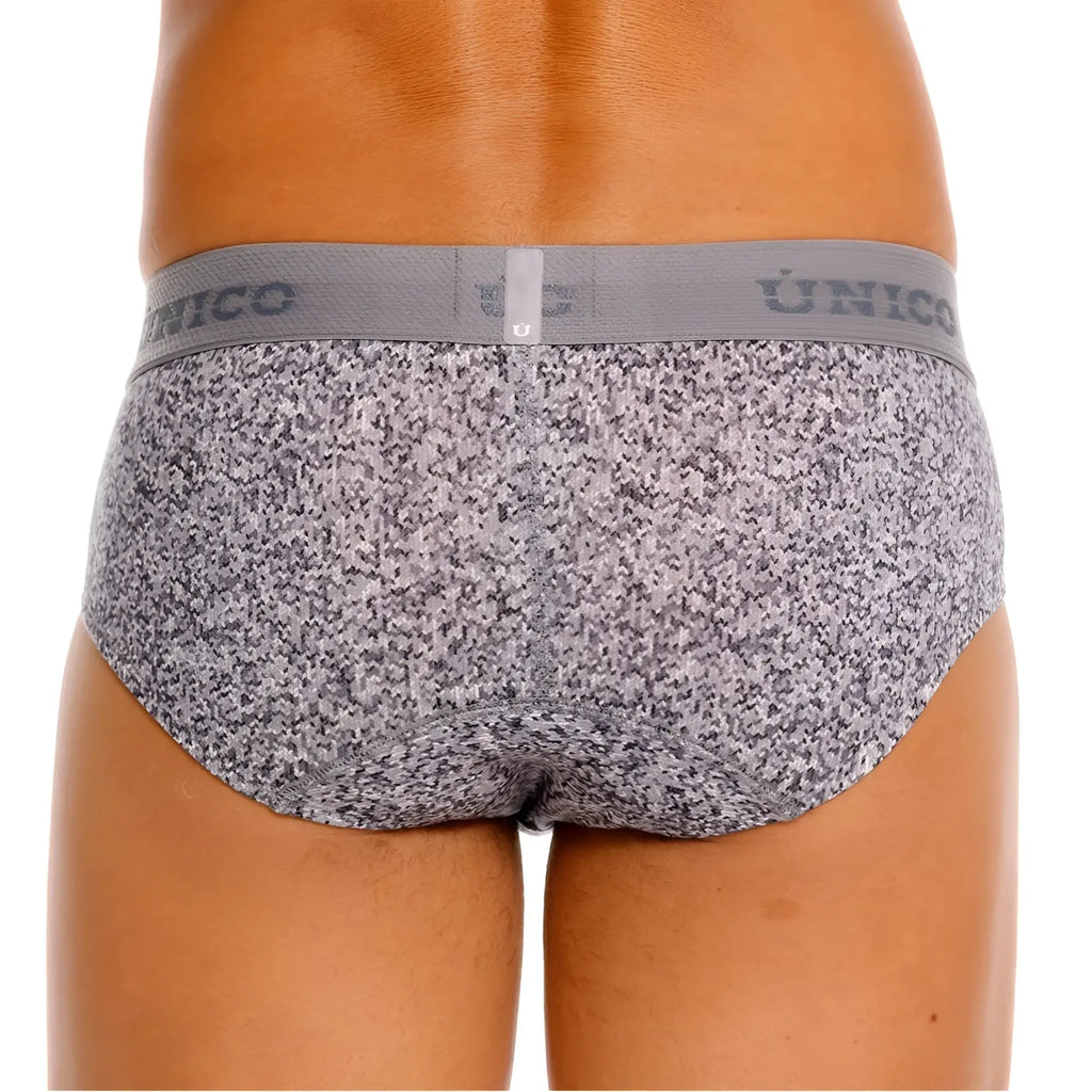 Gray and white speckled suede briefs with matching unico elastic waistband color 59 gray front view