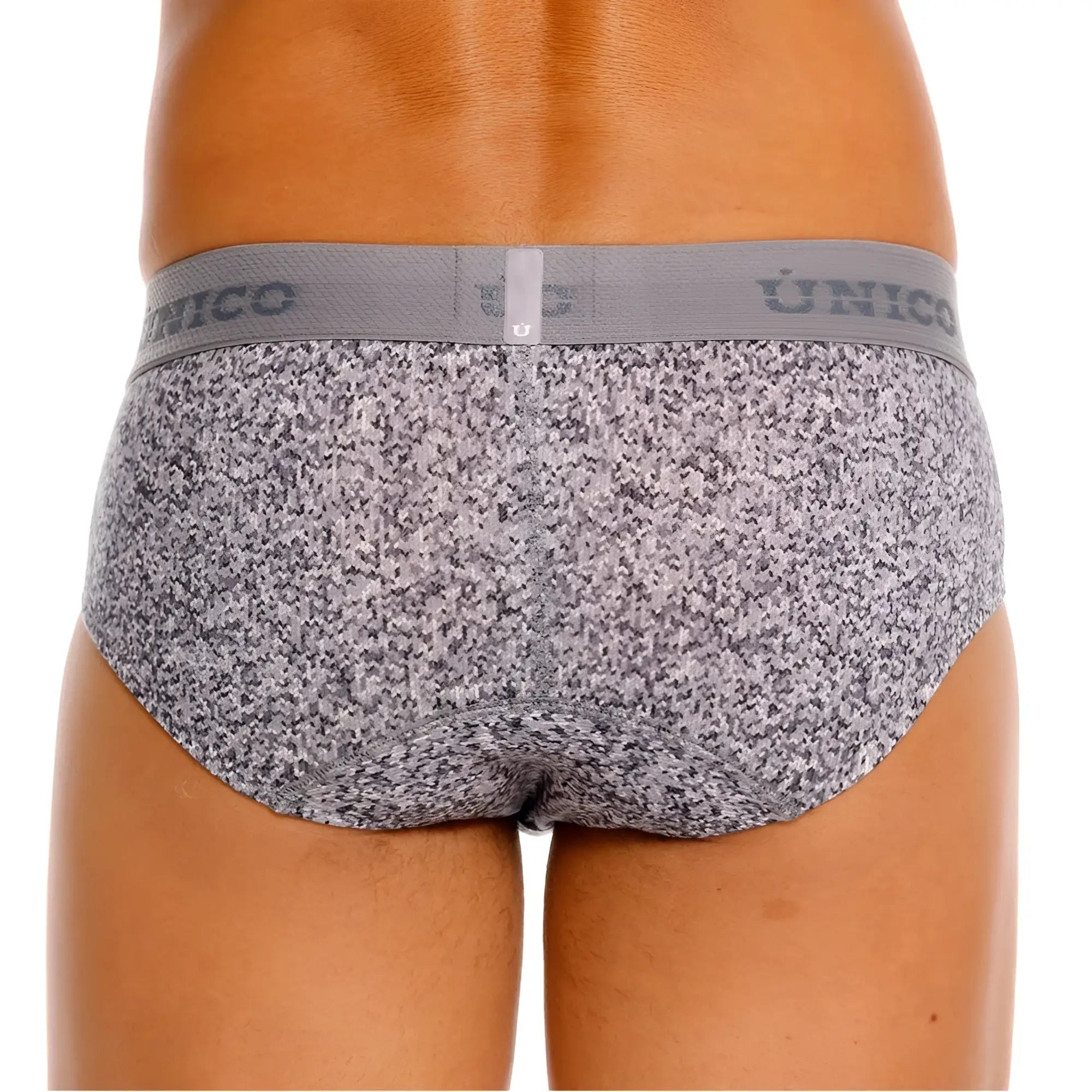 Gray and white speckled suede briefs with matching unico elastic waistband color 59 gray front view