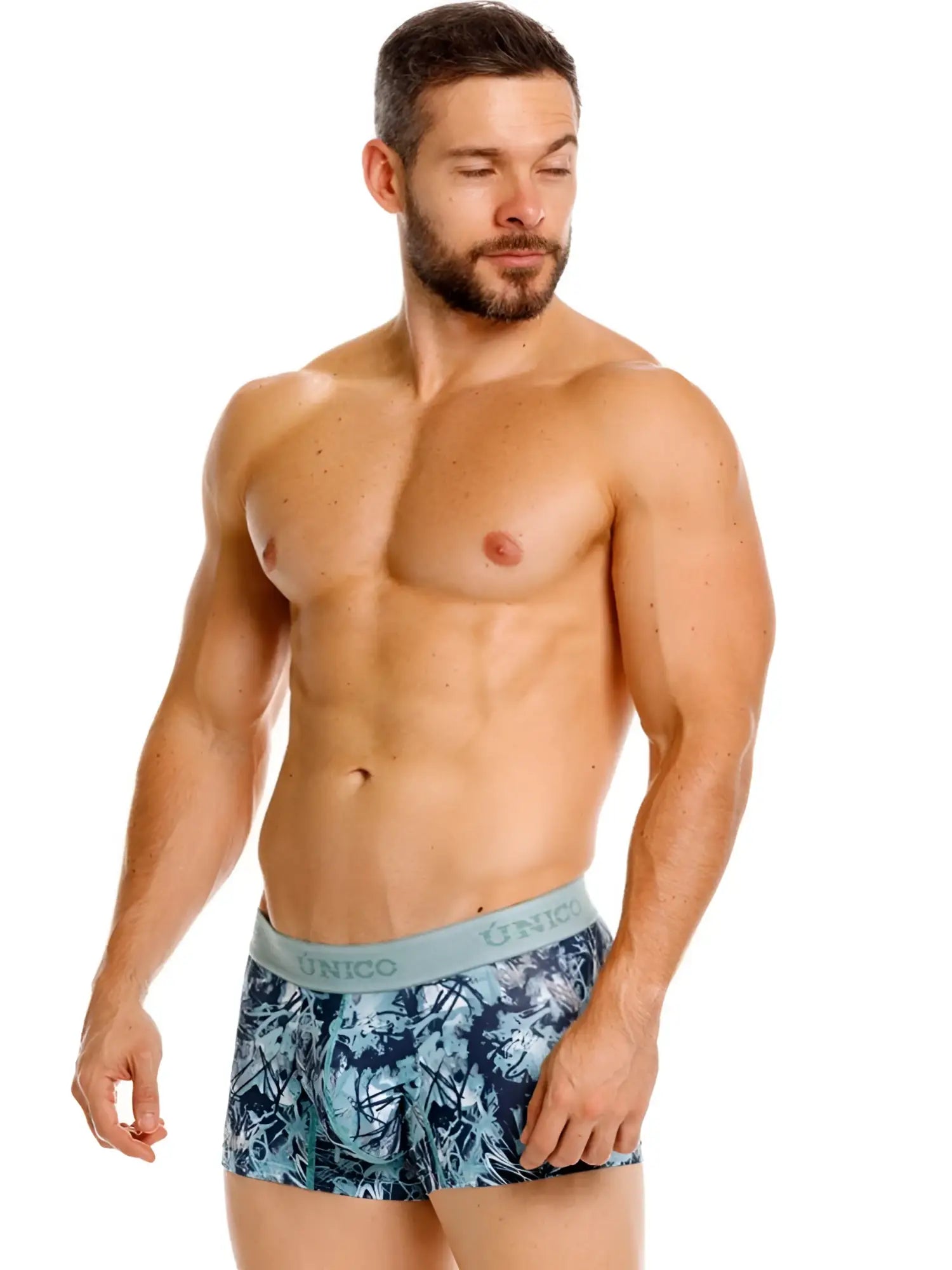 Men’s unico trunks with blue and white tropical leaf pattern and light gray elastic waistband in color 43-blue
