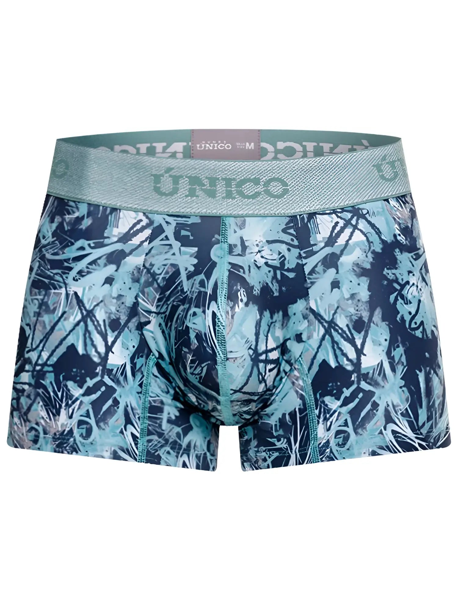 Blue and teal graffiti patterned men’s boxer briefs with matching unico logo waistband in trunks color 43-blue