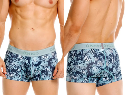 Blue and white abstract patterned boxer briefs with light blue unico elastic waistband in color 43 blue