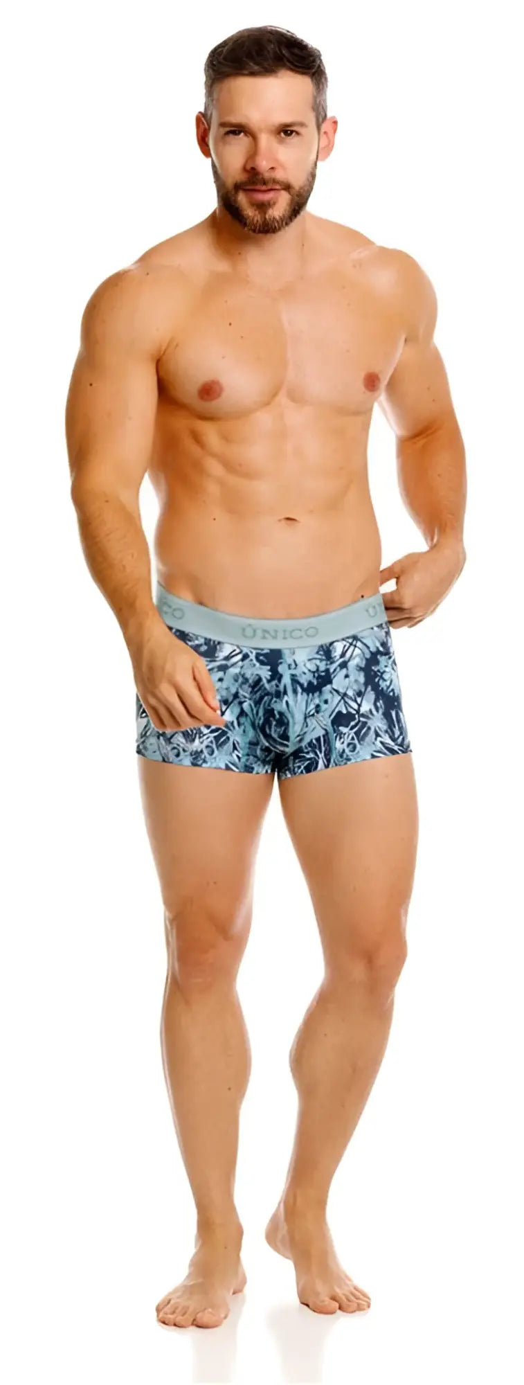 Blue and white floral patterned men’s trunks with light blue elastic waistband from unico 26040100112 color 43-blue