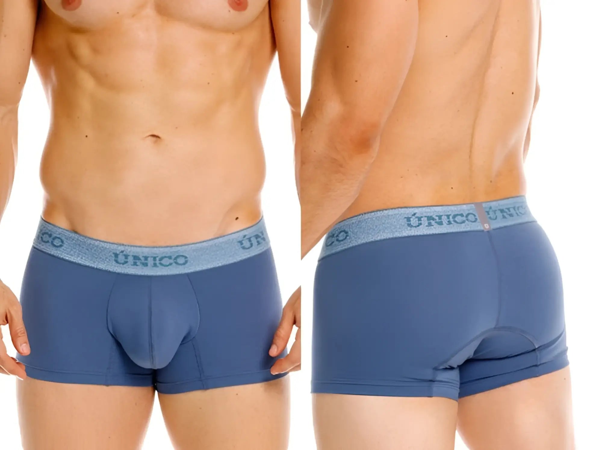 Blue unico boxer briefs with light blue waistband featuring brand name classic trunks premium men’s everyday essential