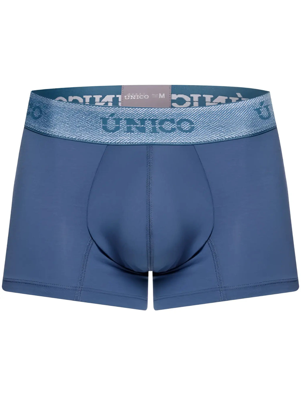 Blue unico men’s boxer briefs with textured waistband and matching blue brand name lettering in teal color