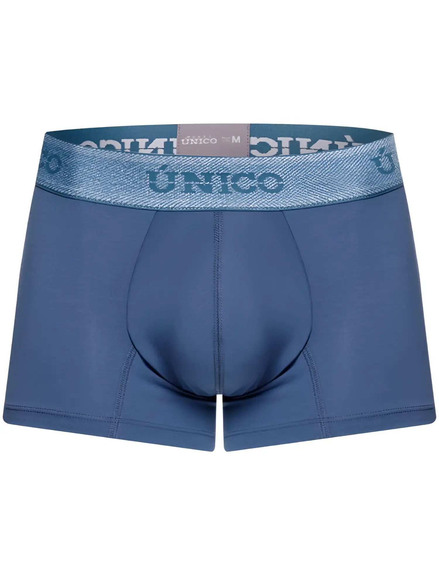 Blue unico men’s boxer briefs with textured waistband and matching blue brand name lettering in teal color