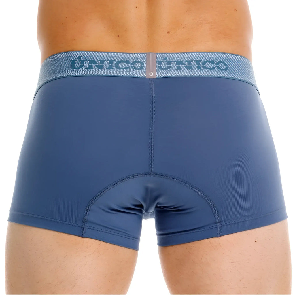 Blue unico boxer briefs with a textured waistband featuring the brand name in gray for premium men’s everyday use