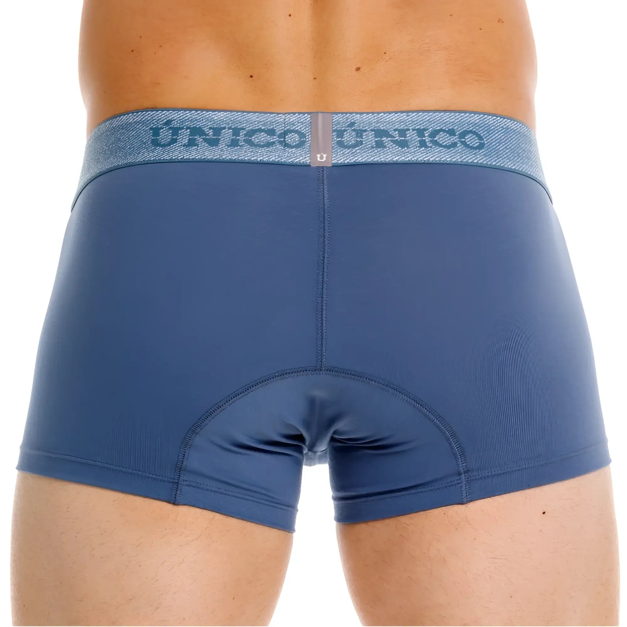 Blue unico boxer briefs with a textured waistband featuring the brand name in gray for premium men’s everyday use