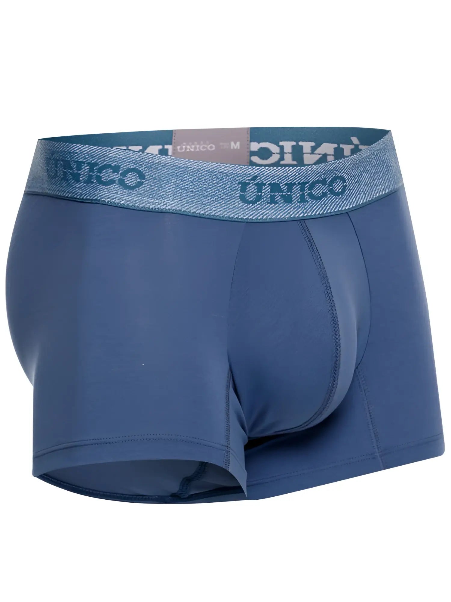 Blue unico men’s boxer briefs with textured waistband featuring brand name in matching blue lettering premium everyday essential