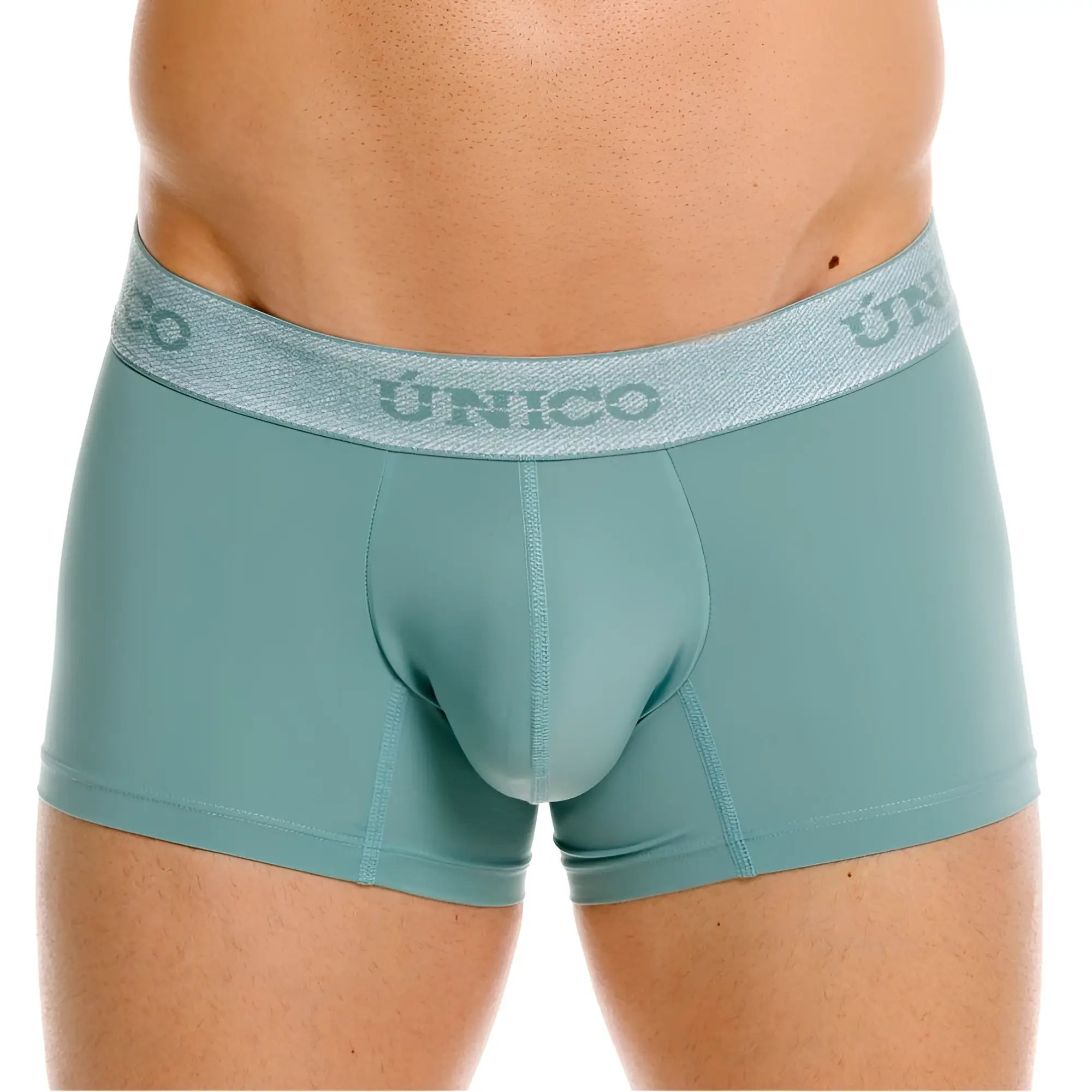 Teal unico ceramic trunks with textured gray waistband featuring brand name in green color for comfortable wear