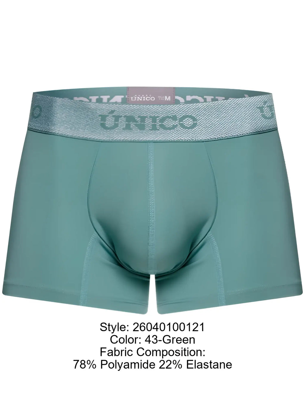 Teal men’s boxer briefs with a silver glitter waistband featuring the único brand logo in ceramic trunks color 43-green