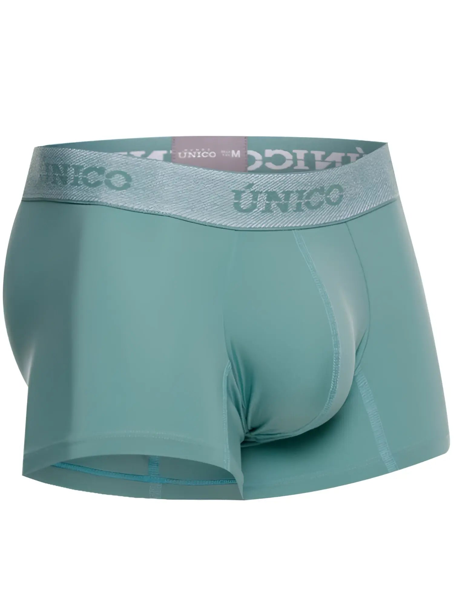 Teal green unico ceramic trunks with silver elastic waistband featuring unico brand name in men’s briefs style
