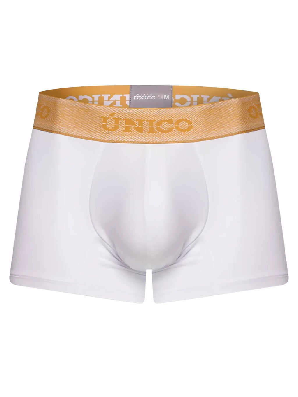 White boxer briefs with gold elastic waistband featuring único brand name premium athletic fit amber trunks