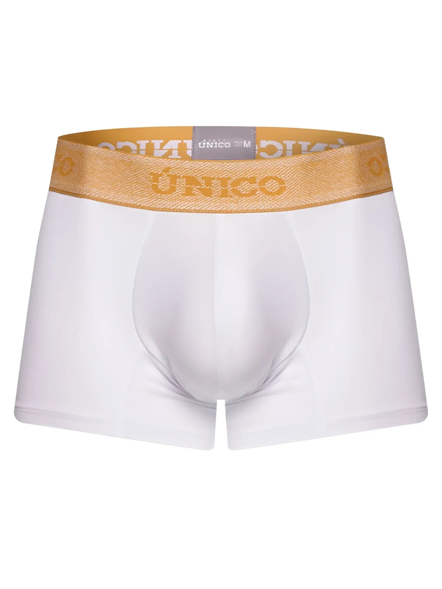 White boxer briefs with gold elastic waistband featuring único brand name premium athletic fit amber trunks